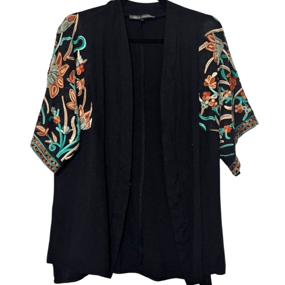 Hot & Delicious Black Floral Embroidered Kimono Cardigan Boho Beach Cover Up